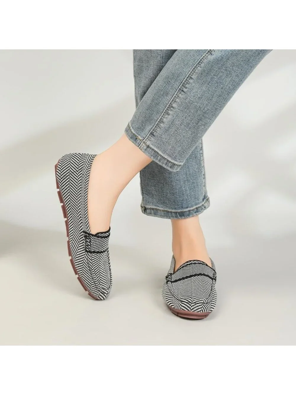 🆕Women's Black Stripe Lightweight Knitted Loafers Casual Flat Shoes Comfortable